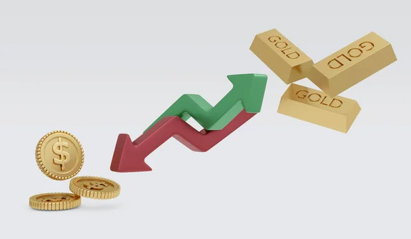 Rendering Wskazując Dół Wykresu Dolara Wznieść Się Wykresie Złotej Koncepcji — Zdjęcie stockowe