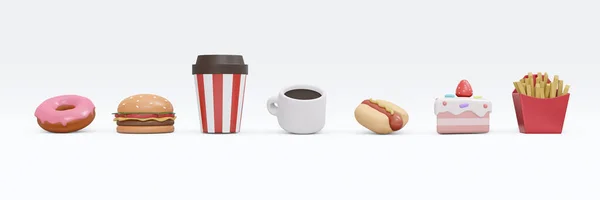 Rendering American Traditional Food Set Includes Hot Coffee Donghnut Burger —  Fotos de Stock