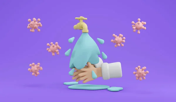 3D Rendering of washing hand with water with virus around isolated on  background concept of hygiene and health. 3D render illustration minimal cartoon style.