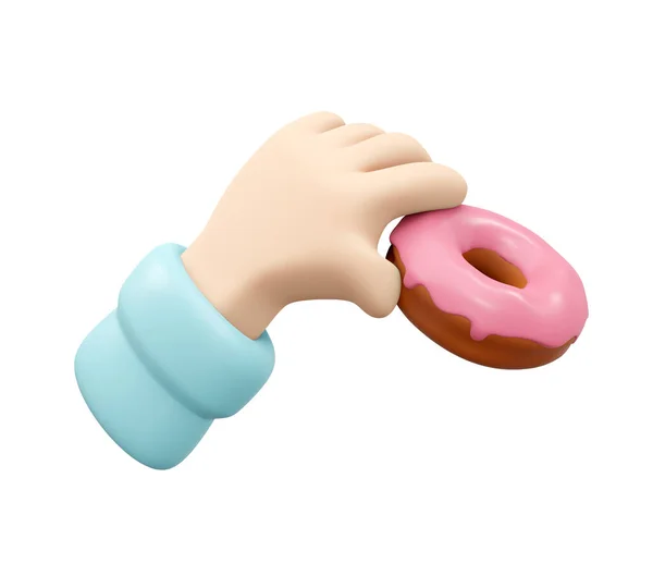 白色背景下手持粉红甜甜圈的3D渲染 3D渲染插图卡通风格 — 图库照片
