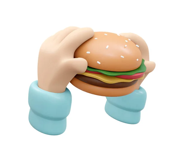 Kézfogás Burger Izolátum Fehér Háttérrel Render Illusztráció Rajzfilm Stílus — Stock Fotó