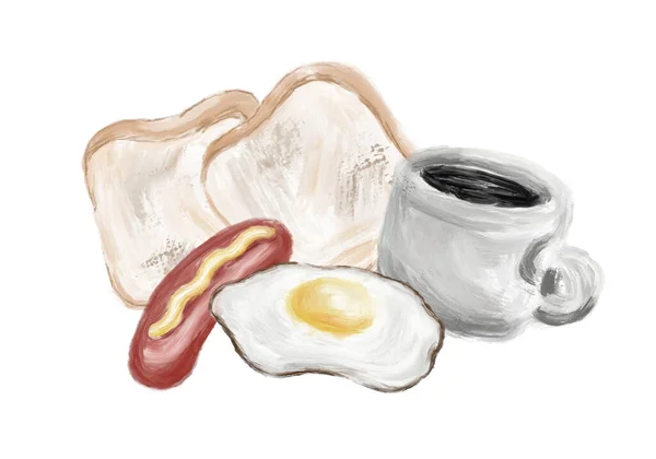 Set Med Amerikanska Traditionella Frukost Inkluderar Kaffe Grillat Bröd Korv — Stockfoto