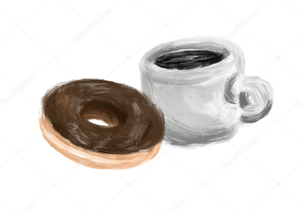 Set of American traditional food includes coffee and chocolate doughnut in oil brush stroke style isolated on white background