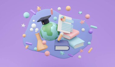 Toprağı tutmanın ve mezuniyet şapkasıyla öğrenme elementlerinin 3 boyutlu yorumlanması mor arka planda online küresel eğitim kavramına dayanıyor. 3B Çizim Çizim Çizim Biçimi.