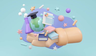 Toprağı tutmanın ve mezuniyet şapkasıyla öğrenme elementlerinin 3 boyutlu yorumlanması mor arka planda online küresel eğitim kavramına dayanıyor. 3B Çizim Çizim Çizim Biçimi.