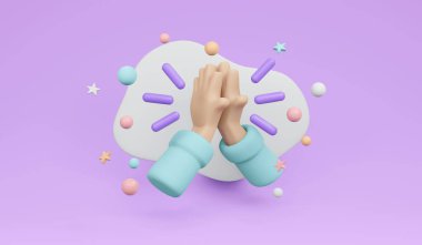 Mor arka planda 3D yay işareti (Wai in Thai). 3B Çizim Çizim Çizim Biçimi.