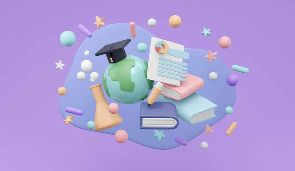 3D Rendering of hand holding earth and learning elements with graduation hat on concept of online global worldwide education on purple background. 3D Render illustration cartoon style.