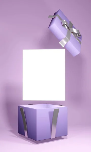 Koncepcja Renderowania Pudełka Prezentu Otwiera Się Aby Pokazać Pusty Papier — Zdjęcie stockowe