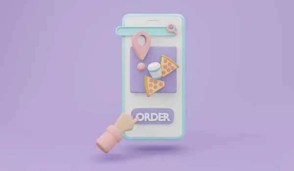 3D渲染的手机与食品和订单按钮背景概念的在线食品交付 3D渲染插图卡通风格 — 图库照片