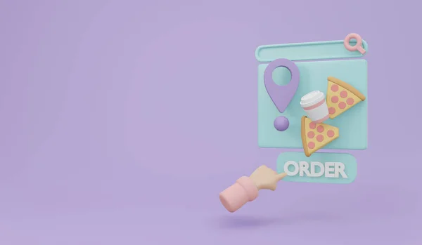 3D渲染食品和订单按钮与复制空间为商业概念的在线食品交付的背景 3D渲染插图卡通风格 — 图库照片