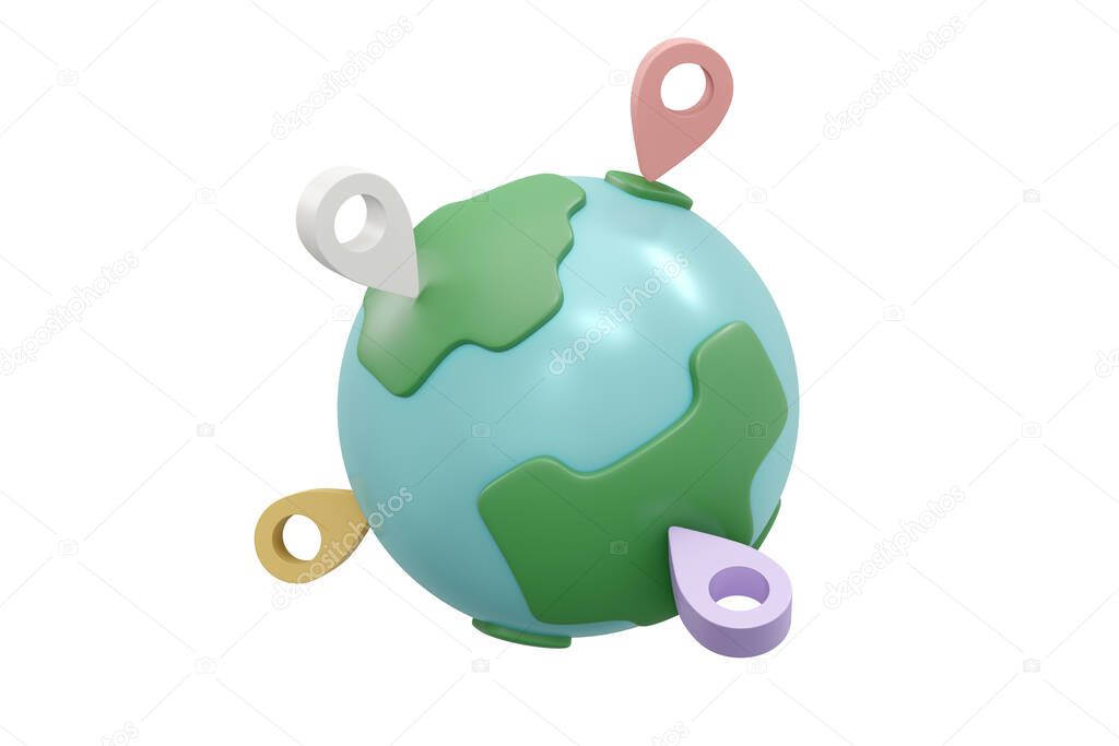 3D Rendering of location service symbol around the world isolate on background concept of worldwide shipping business. 3D Render illustration cartoon style.