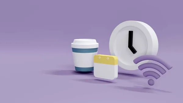 3D渲染时间和金钱管理的概念 一个时钟 一个Wifi网络图标 一个日历和一杯咖啡的背景符号 3D渲染 — 图库照片