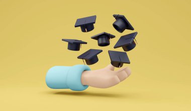 Mezuniyet şapkası konsepti olan 3D el yapımı okul mezunu. 3 Boyutlu Resim Çizimi.