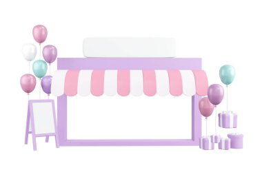 Ticari tasarım için beyaz üzerine izole edilmiş 3 boyutlu dükkan reklamı. 3d canlandırma çizim çizim biçimi.