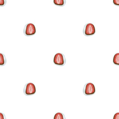 Tatlı dikişsiz el çizimi suluboya çilek mochi japon tatlı pasta desenli arka plan