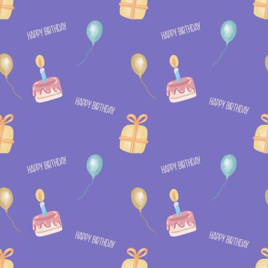 Tatlı, pürüzsüz el çizimi, suluboya doğum günü balonu hediye kutusu ve pasta desenli arka plan.