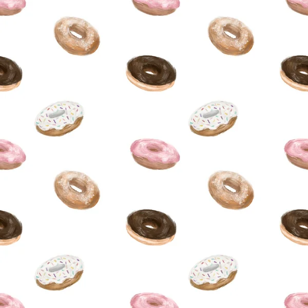 Cute Seamless Hand Drawn Watercolor Sweet Snack Doughnut Pattern Background — 스톡 사진