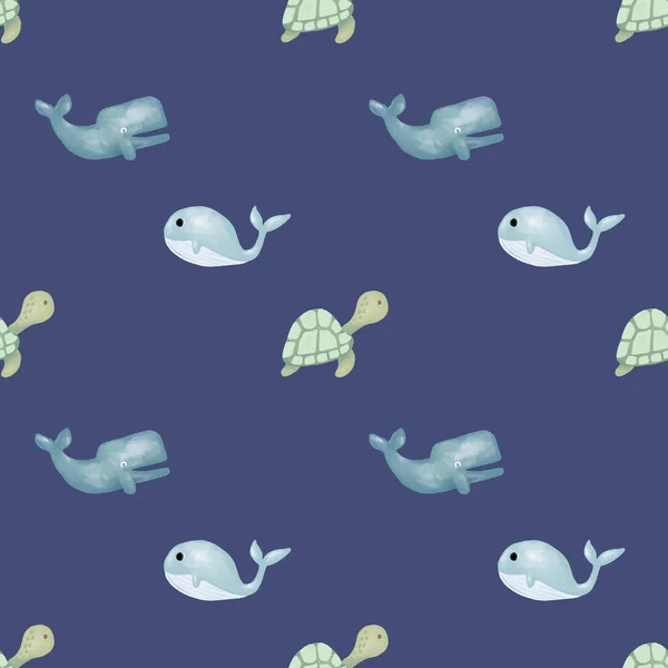 Cute Bezszwowe Strony Rysowane Akwarela Wieloryb Żółw Słoń Wzór Tła — Zdjęcie stockowe