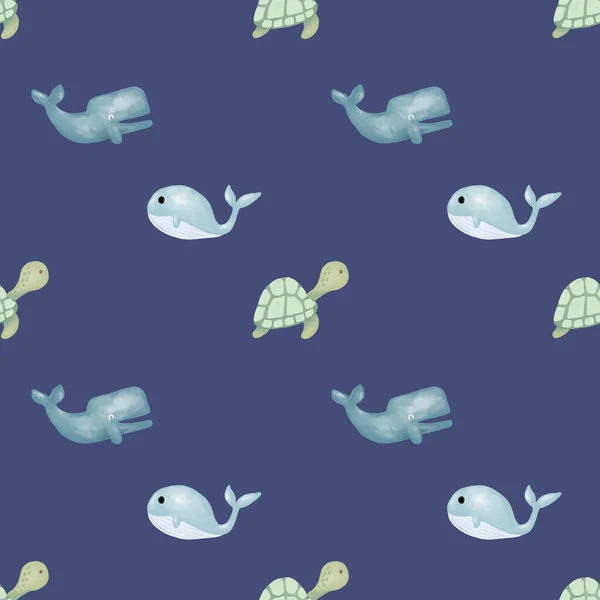 Cute seamless hand drawn watercolor whale and turtle elephant pattern background