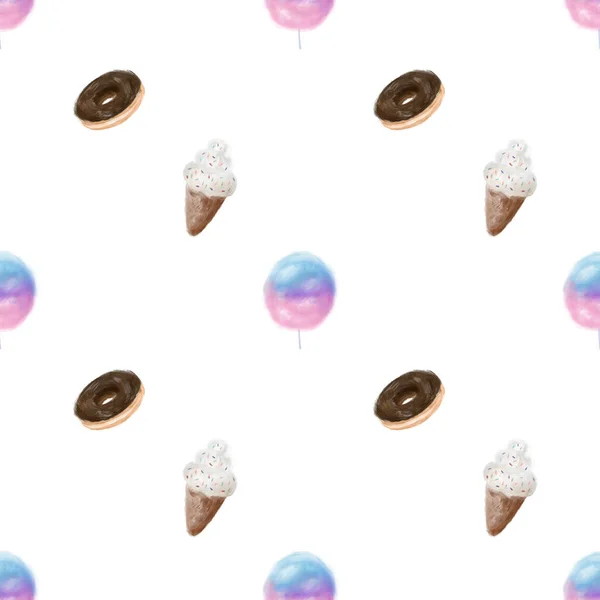 精美无缝手绘水彩画甜食冰淇淋锥形棉糖甜甜圈背景图 — 图库照片