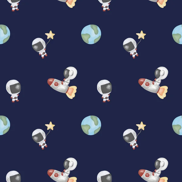Cute seamless hand drawn watercolor astronaut travel in space pattern background for children