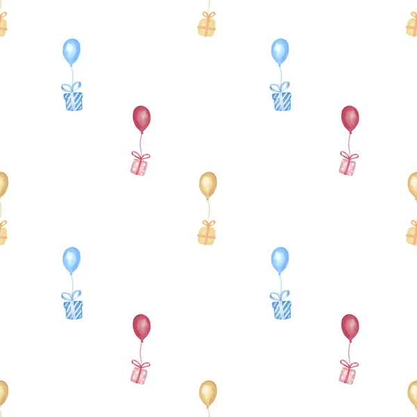 Schattige Naadloze Hand Getekend Aquarel Verjaardag Cadeau Ballon Patroon Achtergrond — Stockfoto