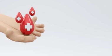 3D Rendering of hand holding blood drop with red cross sign background, banner, card, poster concept of world blood donation day. 3D Render illustration cartoon style.