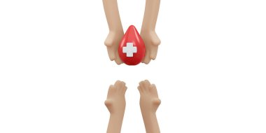 3 boyutlu el yapımı kan damlası, kırmızı haç işareti arka plan, pankart, poster konsepti, dünya kan bağışı günü. 3B Çizim Çizim Çizim Biçimi.