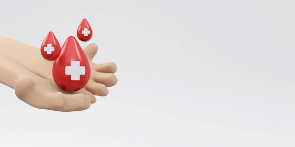 Rendering Hand Holding Blood Drop Red Cross Sign Background Banner — Fotografia de Stock