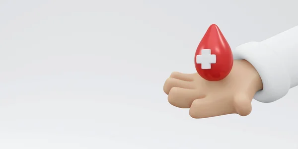 Rendering Hand Holding Blood Drop Red Cross Sign Background Banner — 스톡 사진