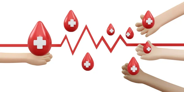 赤い十字のサインと生命線の背景 バナー カード 世界の献血日のポスターコンセプトと手の血圧降下の3Dレンダリング 3Dレンダリングイラスト漫画スタイル — ストック写真