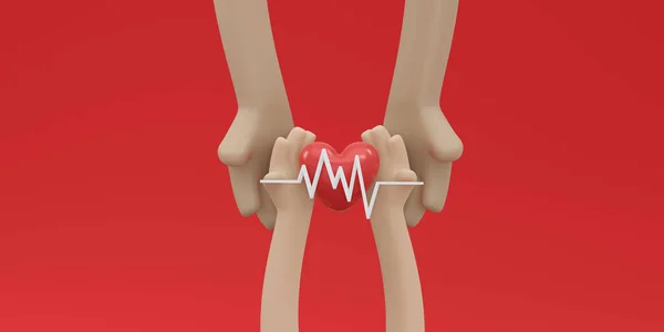Kézfogás Szív Életvonal Piros Háttér Koncepció Vér Szervadományozás Render Illusztráció — Stock Fotó