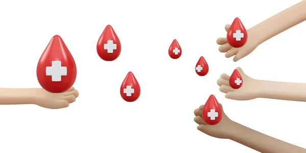 赤い十字のサインの背景 バナー カード 世界の献血日のポスターコンセプトと手を保持血滴の3Dレンダリング 3Dレンダリングイラスト漫画スタイル — ストック写真