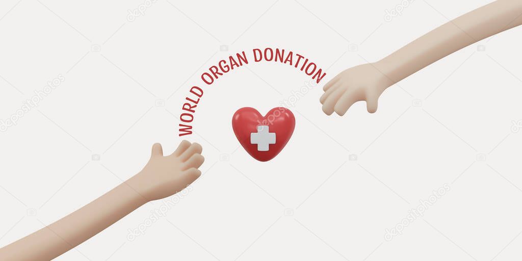 3D Rendering of hand and heart with red cross sign background, banner, card, poster with text inscription concept of world organ donation day. 3D Render illustration cartoon style.