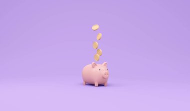 Domuzcuk kumbarasının 3 boyutlu tasarımı ve arka planda maddi yatırım madeni para kavramı. 3B Çizim Çizim Çizim Biçimi.