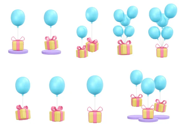 3D Rendering of set of gift box with balloon concept of present decoration icon collection for commercial design isolated on white background. 3D Render illustration cartoon style.