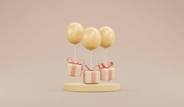 气球三维渲染的概念和展示盒豪华米色主题与讲台展示为商业设计的背景广告 礼物和气球 3D渲染卡通画 — 图库照片