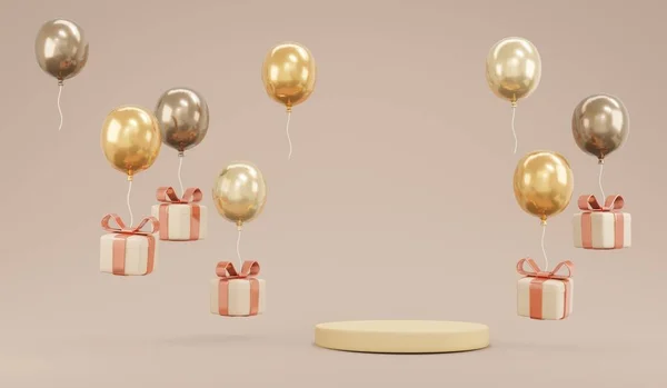 3D rendering concept of balloon and present box luxury beige color theme with podium display for advertising on background for commercial design. Gift and Balloon. 3D render cartoon illustration.
