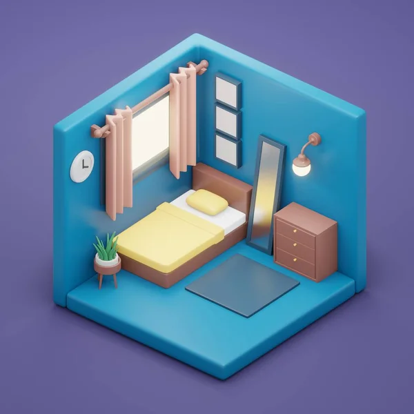 3D rendering of bedroom room with furniture bed mirror wardrobe drawer wall light plant and photo frame  decoration. 3D render cartoon illustration.