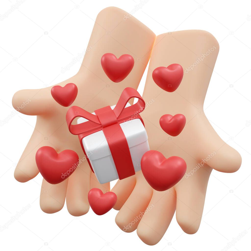 3D Rendering of hand with red gift box concept of present decoration icon collection for commercial design isolated on white background. 3D Render illustration cartoon style.