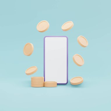 Telefon ve para ikonu konsepti para ödeme işlem teknolojisinin 3 boyutlu yorumlanması. 3B Çizim Çizim Çizim Biçimi.