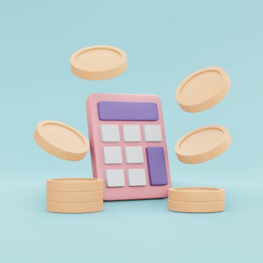 Arkaplanda hesap makinesi ve madeni para yönetim vergisi konseptinin 3 boyutlu oluşturulması hesaplanır. 3B Çizim Çizim Çizim Biçimi.