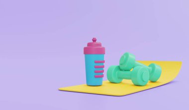 Arka planda ağırlık çalışmasının ticari metin konsepti için üç boyutlu egzersiz gereçleri, halterli su şişesi ve yoga minderi. 3B Çizim Çizim Çizim Biçimi.