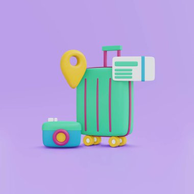 Arka planda 3D bavul yerleştirme yeri sembolü uçak bileti kamera ikonu konsepti seyahat tatili. 3B Çizim Çizim Çizim Biçimi.