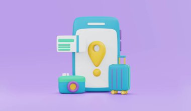Arka planda akıllı telefon bagaj konum konumu sembol kamera ikonu seyahat tatili için uygulama kavramı üç boyutlu görüntüleme. 3B Çizim Çizim Çizim Biçimi.
