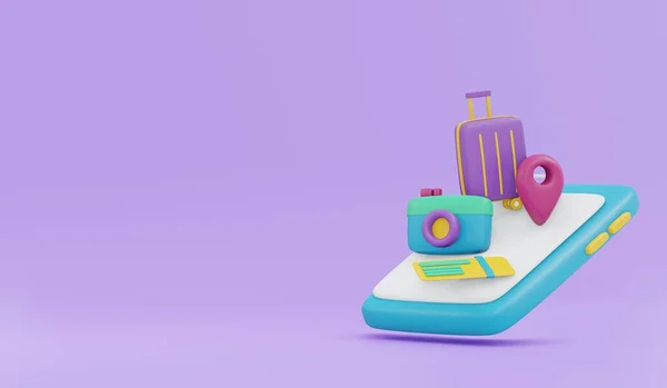 3D Rendering of smartphone luggage location symbol ticket camera icon concept of application for travel vacation on background. 3D Render illustration cartoon style.