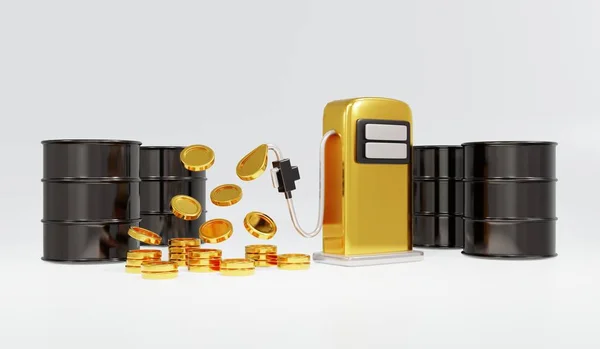 商品油株価財務の現金概念とオイルバレルと燃料ポンプノズルの3Dレンダリング 3Dレンダリングイラスト漫画スタイル — ストック写真