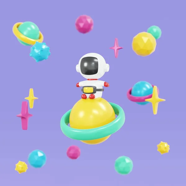 Rendering Astronaut Space Planet Concept Cute Spaceman Discover Galaxy Render — Stockfoto