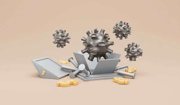 Rendering Virus Destroyed Bank Icon Concept Economic Recession Global Crisis — Stockfoto