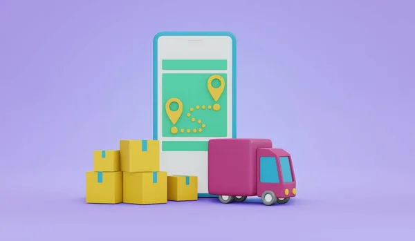 3D Rendering of shipping truck with package and phone showing location symbol concept of tracking order on phone on background. 3d render illustration cartoon style.
